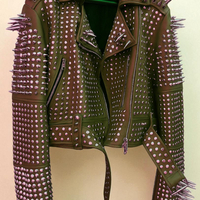 Crafted Leather New Classic Awesome Handmade Women's Brown Color Studded Brando Metal Spiked Leather Round Studs Jacket - Thumbnail 4