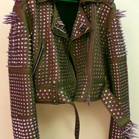 Crafted Leather New Classic Awesome Handmade Women's Brown Color Studded Brando Metal Spiked Leather Round Studs Jacket - Thumbnail 5