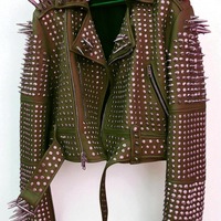 Crafted Leather New Classic Awesome Handmade Women's Brown Color Studded Brando Metal Spiked Leather Round Studs Jacket - Thumbnail 3