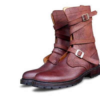 Crafted leather handmade men dress shoes brown leather buckle strap military style boot - Thumbnail 1