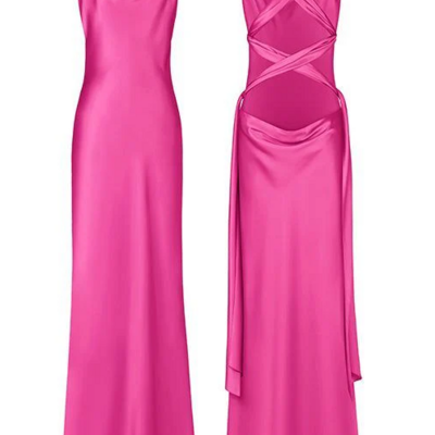 Simple hot pink chiffon long prom dress evening dress - Thumbnail 1