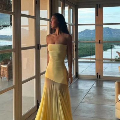 Strapless yellow long mermaid prom dresses for party - Thumbnail 1