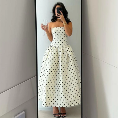 Strapless a line black polka dots prom dresses 