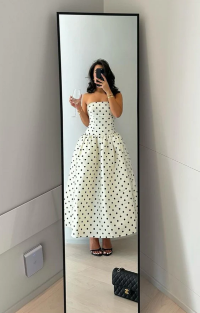 Strapless A Line Black Polka Dots Prom Dresses 