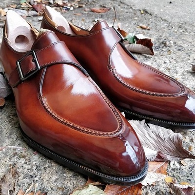 Handmade men brown leather monk strap dress shoes
