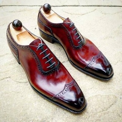 Handmade men red patina calf leather wingtip oxford lace up dress shoes - Thumbnail 2