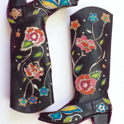 Crafted leather classic women black leather fancy cowboy boot