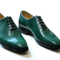 Crafted Leather Dress Shoes Men Classic Green Crocodile/Alligator Oxford  - Thumbnail 2