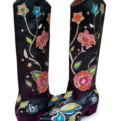 Crafted leather classic women black leather fancy cowboy boot