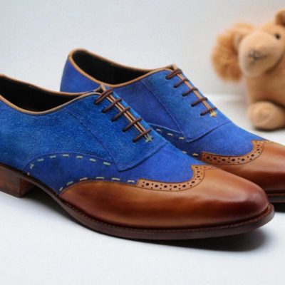 Crafted leather classic handmade brown blue suede leather wingtip dress oxford shoes - Thumbnail 2