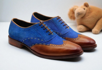 Crafted Leather Classic Handmade Brown Blue Suede Leather Wingtip Dress Oxford Shoes