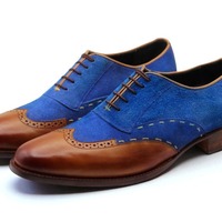 Crafted Leather Classic Handmade Brown Blue Suede Leather Wingtip Dress Oxford Shoes - Thumbnail 1