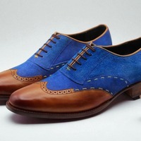 Crafted Leather Classic Handmade Brown Blue Suede Leather Wingtip Dress Oxford Shoes - Thumbnail 2