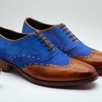 Crafted Leather Classic Handmade Brown Blue Suede Leather Wingtip Dress Oxford Shoes - Thumbnail 3
