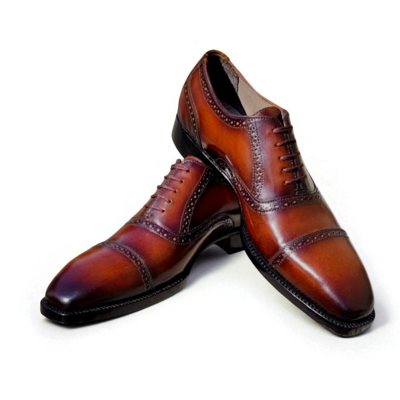 Crafted leather classic brown patina leather oxford lace up dress shoes - Thumbnail 2