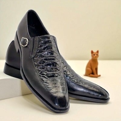 Crafted leather classic black crocodile/alligator leather dress shoes - Thumbnail 1
