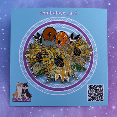 Sunflower birds hard enamel pin - Thumbnail 5
