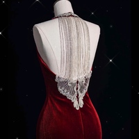 Elegant Deep V-neckline Long Sheath Red Velvet with Diamond Decoration Open Back Prom Dress - Thumbnail 3