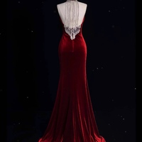 Elegant Deep V-neckline Long Sheath Red Velvet with Diamond Decoration Open Back Prom Dress - Thumbnail 4