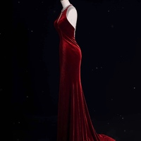 Elegant Deep V-neckline Long Sheath Red Velvet with Diamond Decoration Open Back Prom Dress - Thumbnail 5
