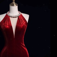 Elegant Deep V-neckline Long Sheath Red Velvet with Diamond Decoration Open Back Prom Dress - Thumbnail 2