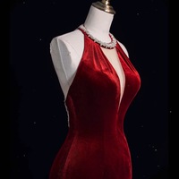 Elegant Deep V-neckline Long Sheath Red Velvet with Diamond Decoration Open Back Prom Dress - Thumbnail 7