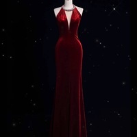Elegant Deep V-neckline Long Sheath Red Velvet with Diamond Decoration Open Back Prom Dress - Thumbnail 1