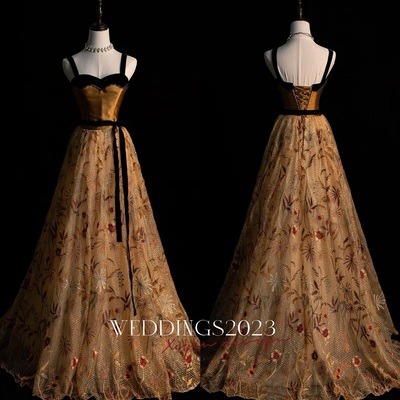 Fashionable off-the-shoulder black velvet beaded floor-length lace prom dress, back-to-school dress