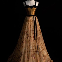 Fashionable Off-the-shoulder Black Velvet Beaded Floor-Length Lace Prom Dress, Back-To-School Dress - Thumbnail 1