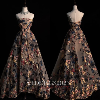 Custom floral embroidery long prom dress, tulle a-line evening gown, strapless party dress - Thumbnail 3