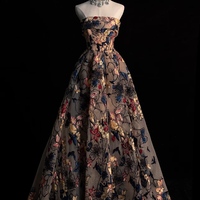 Custom Floral Embroidery Long Prom Dress, Tulle A-line Evening Gown, Strapless Party Dress - Thumbnail 1