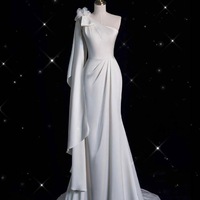 Sexy One Shoulder Mermaid Floor Length Ivory Prom Dress with Buttons - Thumbnail 3