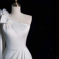 Sexy One Shoulder Mermaid Floor Length Ivory Prom Dress with Buttons - Thumbnail 4