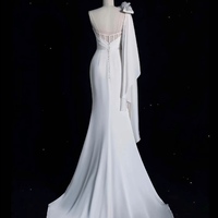 Sexy One Shoulder Mermaid Floor Length Ivory Prom Dress with Buttons - Thumbnail 2