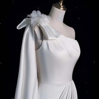 Sexy One Shoulder Mermaid Floor Length Ivory Prom Dress with Buttons - Thumbnail 1