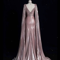 Elegant Light Pink ‌Deep V-neck Cape Design Pleated Waist Crystal Embellishment ‌ Formal Prom Dresses - Thumbnail 2