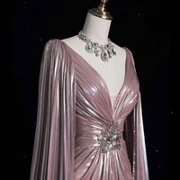 Elegant Light Pink ‌Deep V-neck Cape Design Pleated Waist Crystal Embellishment ‌ Formal Prom Dresses - Thumbnail 3