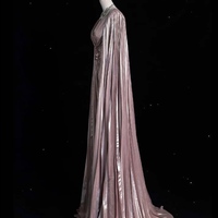 Elegant Light Pink ‌Deep V-neck Cape Design Pleated Waist Crystal Embellishment ‌ Formal Prom Dresses - Thumbnail 5