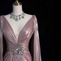 Elegant Light Pink ‌Deep V-neck Cape Design Pleated Waist Crystal Embellishment ‌ Formal Prom Dresses - Thumbnail 6