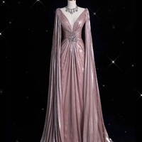 Elegant Light Pink ‌Deep V-neck Cape Design Pleated Waist Crystal Embellishment ‌ Formal Prom Dresses - Thumbnail 8