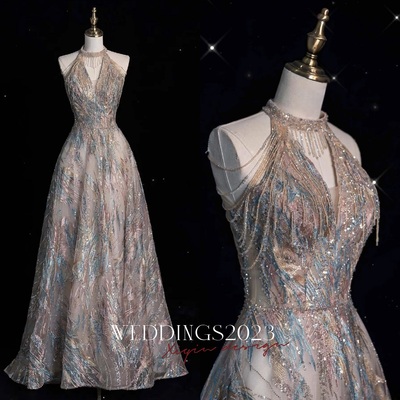 Fairy Halter Neck Sequined Gradient Fabric Strapless with Beading Floor Length Prom Dresses 