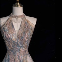 Fairy Halter Neck Sequined Gradient Fabric Strapless with Beading Floor Length Prom Dresses  - Thumbnail 3