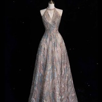 Fairy Halter Neck Sequined Gradient Fabric Strapless with Beading Floor Length Prom Dresses  - Thumbnail 4