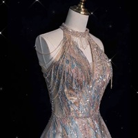 Fairy Halter Neck Sequined Gradient Fabric Strapless with Beading Floor Length Prom Dresses  - Thumbnail 2