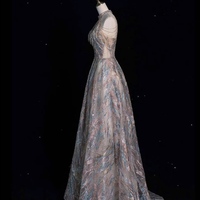 Fairy Halter Neck Sequined Gradient Fabric Strapless with Beading Floor Length Prom Dresses  - Thumbnail 1