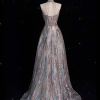 Fairy Halter Neck Sequined Gradient Fabric Strapless with Beading Floor Length Prom Dresses  - Thumbnail 6