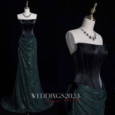 Elegant green strapless beaded lace mermaid lace up prom dresses with train  - Thumbnail 5