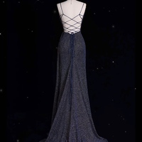 Dreamy Starry Dark Blue Strapless Fishtail Dress with Sequined Lace Evening Dress - Thumbnail 4