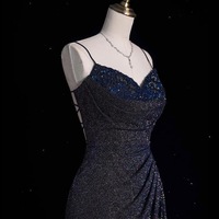 Dreamy Starry Dark Blue Strapless Fishtail Dress with Sequined Lace Evening Dress - Thumbnail 2