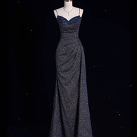 Dreamy Starry Dark Blue Strapless Fishtail Dress with Sequined Lace Evening Dress - Thumbnail 5